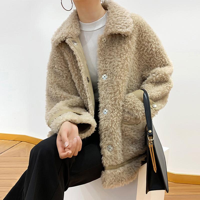 

Women Warm Wool Coat Autumn Winter Fashion New Fur Jacket Medium Length Leisure Trend Long Sleeves Pocket Casual Loose Outwear, Beige