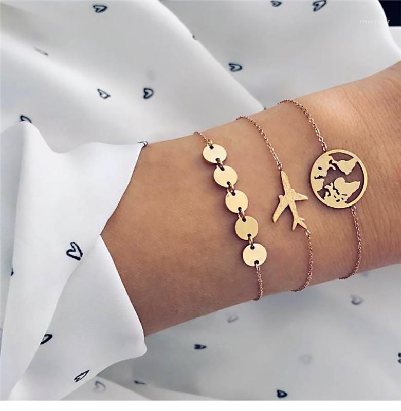 

cmoonry 3Pcs/Set Gold Color Plane Map Geometric Charm Bracelets For Women Girl 2020 Trendy Link Chain Bohemian Bracelet Gift1