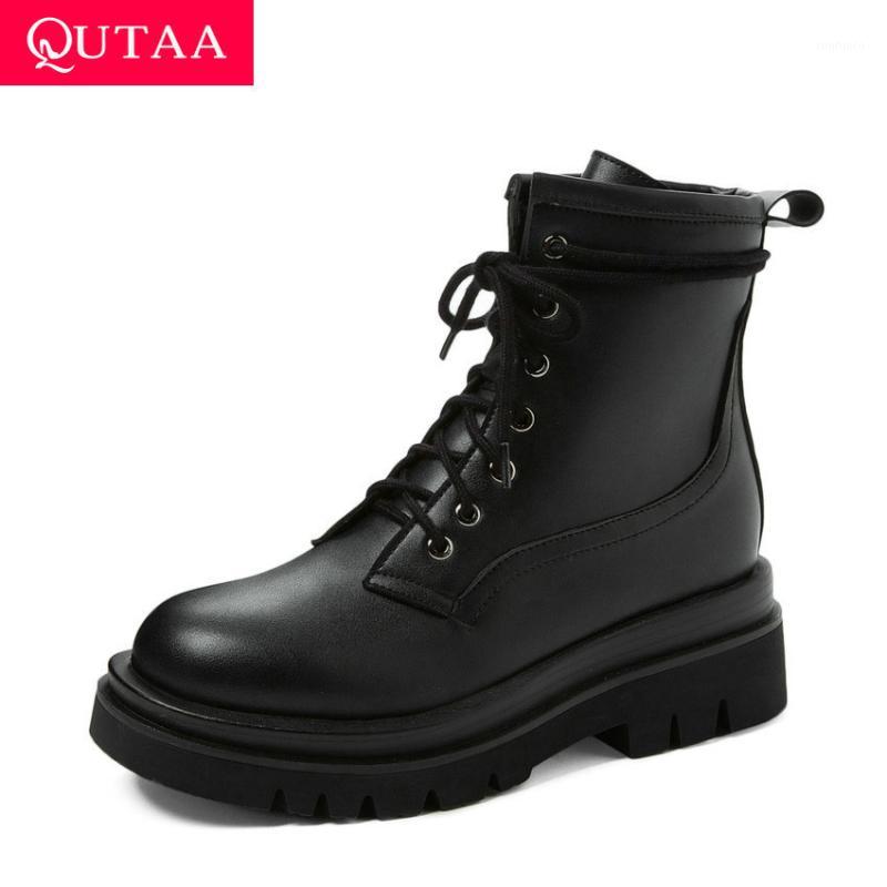 

QUTAA 2021 Platform Round Toe Ankle Boots Autumn Winter Lace Up Casual Short Boots PU Leather Square Heel Women Shoes Size 34-421, Black