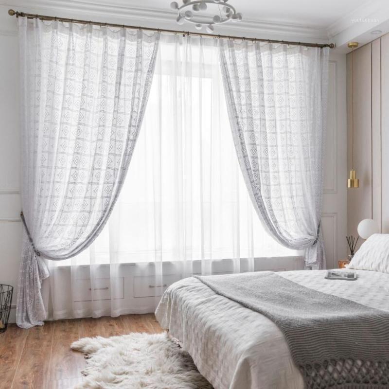 

Beige White Curtains Drapes Bedroom Long Sheer Curtain Lace Trim Hollow Out Cotton Cortina Living Room French Window Decor ZC1081
