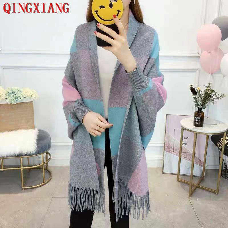 

Scarves 2021 Women Autumn Long Batwing Sleeves Cape Outside Street Wear Winter Jacquard Weave Knitted Big Plaid Cardigan Vintage Poncho