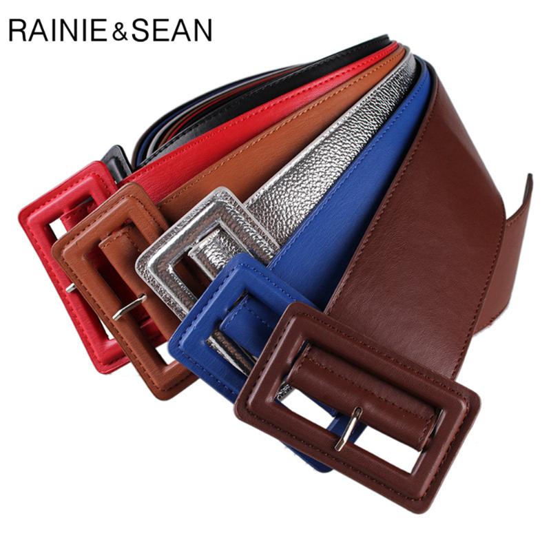 

RAINIE SEAN Leather Belts for Women Wide Female Belt Buckles Fashion Autumn Winter Brand New Solid Blue Green Ladies Dress Belts, Black
