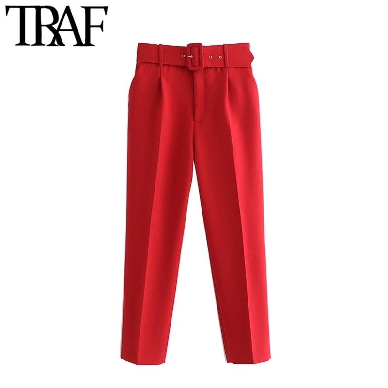 

TRAF Women Chic Fashion High Waist With Belt Pants Vintage Zipper Fly Pockets Office Wear Female Ankle Trousers Mujer 201109, Red