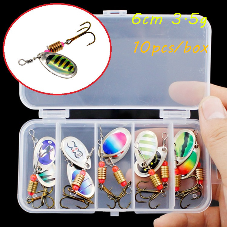 

10pcs/box 10 Color Mixed Spinner Metal Baits & Lures 6CM 3.5G 6# Hook Fishing Hooks Fishhooks Pesca Fishing Tackle LL-192