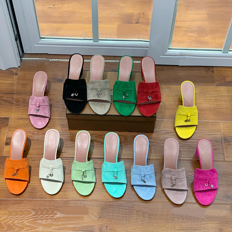 

Luxury Designer heeled slippers Fashion Stone grain cowhide Thick heel sandals Top quality Genuine Leather womens Large size slipper 4-11 factory footwear, Yellow cashmere