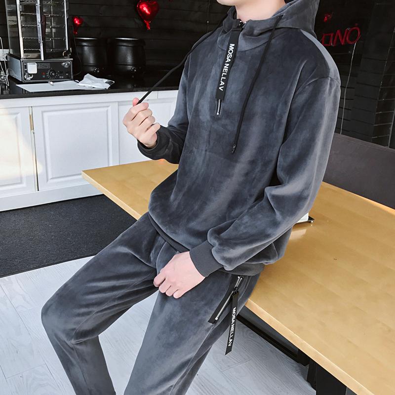 

Winter Sport Suit Men Tracksuit Thick Velvet warm Hoodie Running Jogging Outfit Casual Workout Set Sportswear Sweatshirt+pant, Black