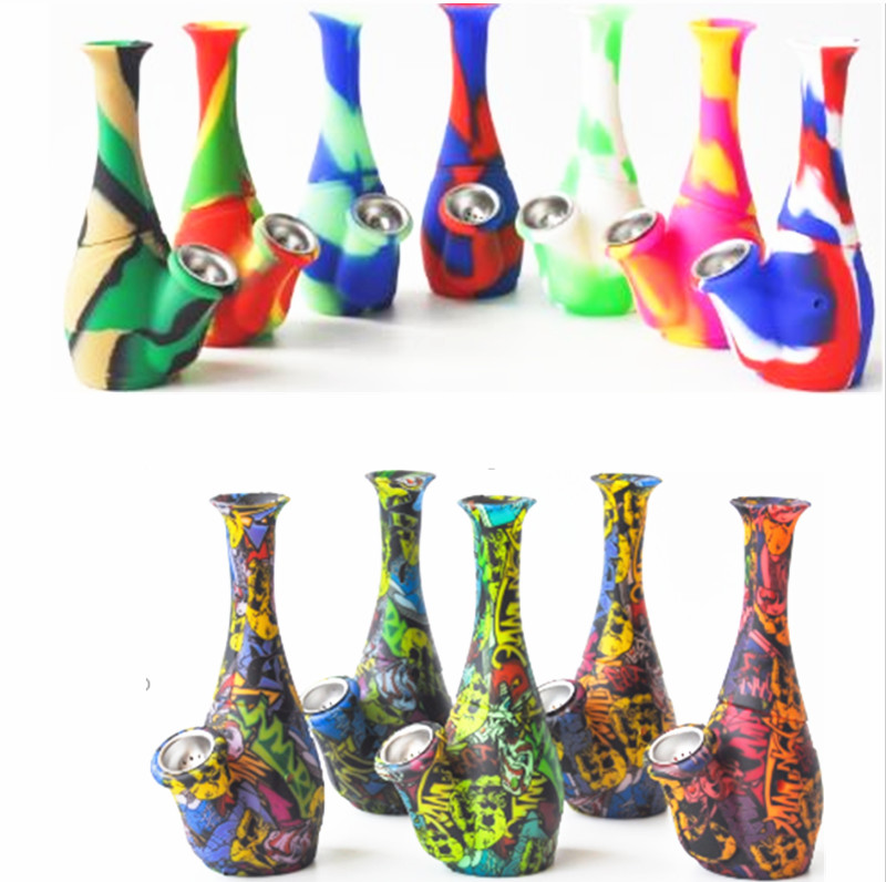 

Hookah Vase Shape Silicone Bong Smoking Pipes two parts With metal Bowl oil Rigs for smoke unbreakable printing bongs