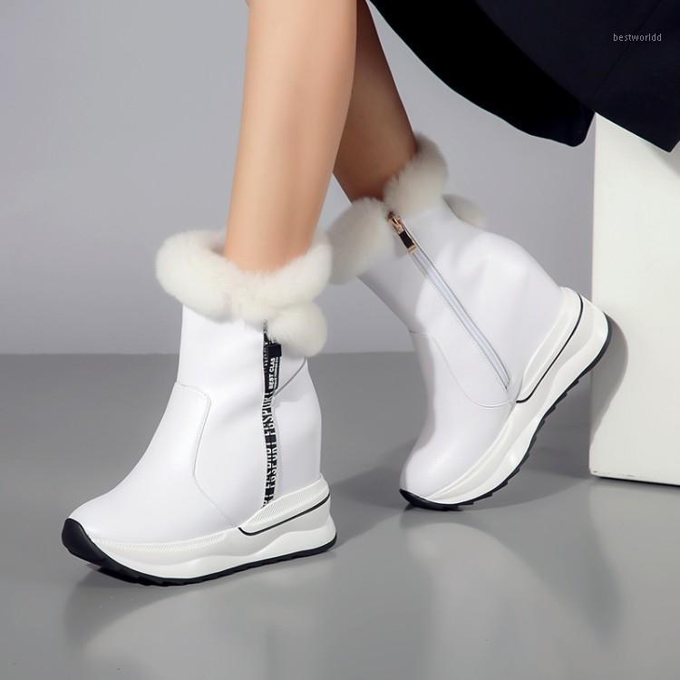 

2020 New Women Platform high heel boots Genuine Leather Wedge Ankle Boots Female Warm short plush inside Women Snow1, Black