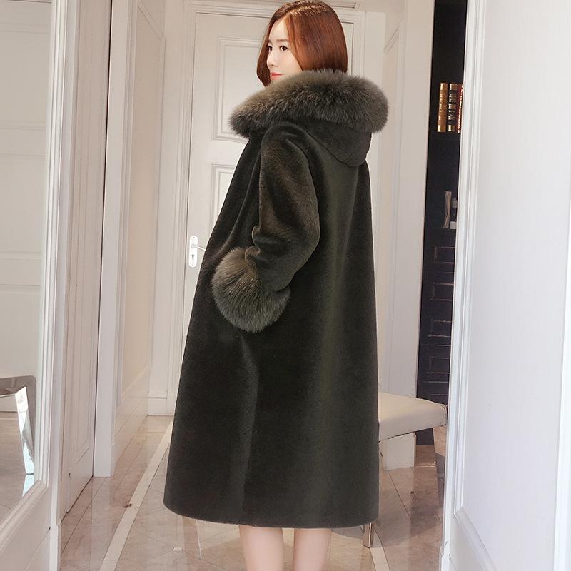 

High Quality Long Women's Fur Coat Hooded Woman Jacket Fur Collar Elegant Parkas Warm Clothes Sheep Shearing 2020 WPY2020, Green
