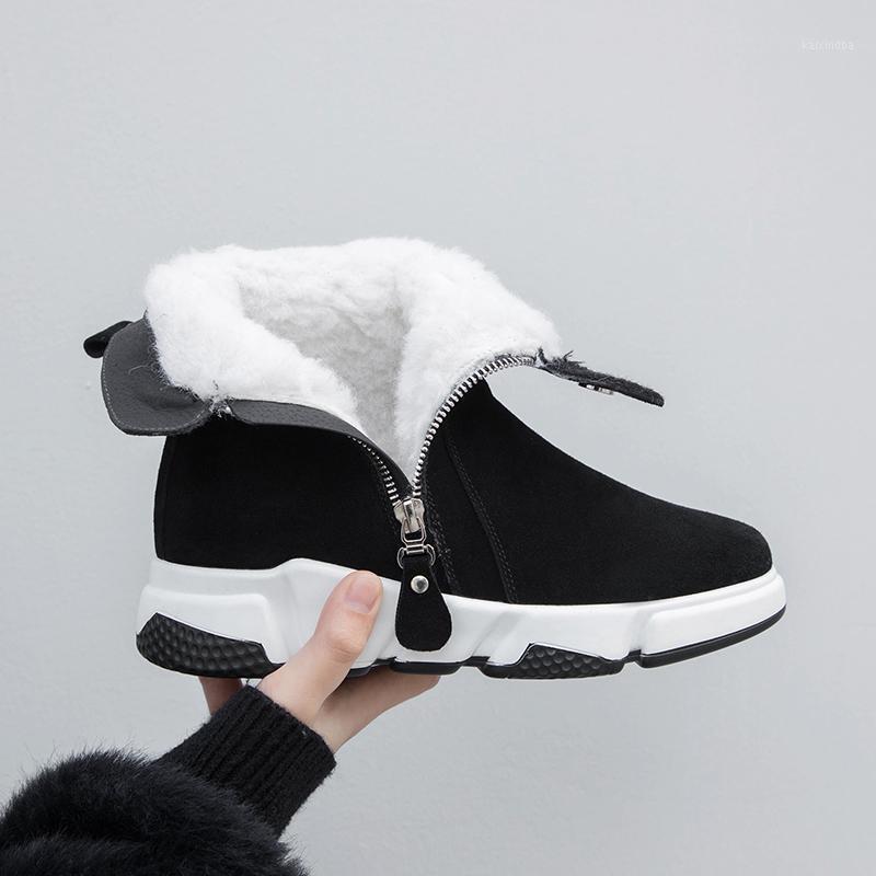 

Women's genuine suede leather side zip flats winter wool snow boots cold weather female casual short ankle boots shoes for women1, Black