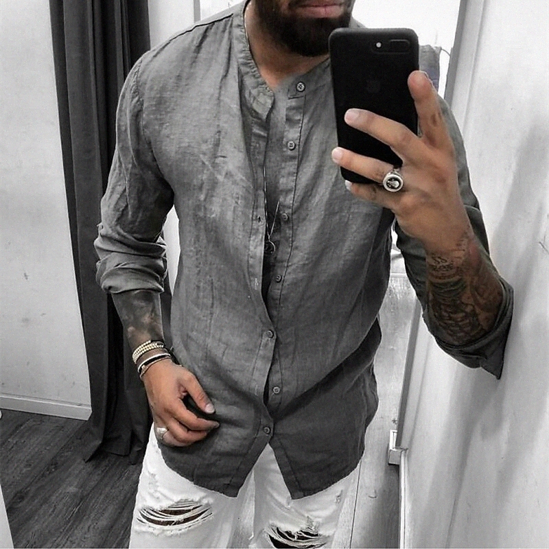 Men's Shirt Solid Colored Standing Collar Daily Long Sleeve Tops Basic White Black Gray Y2j9#
