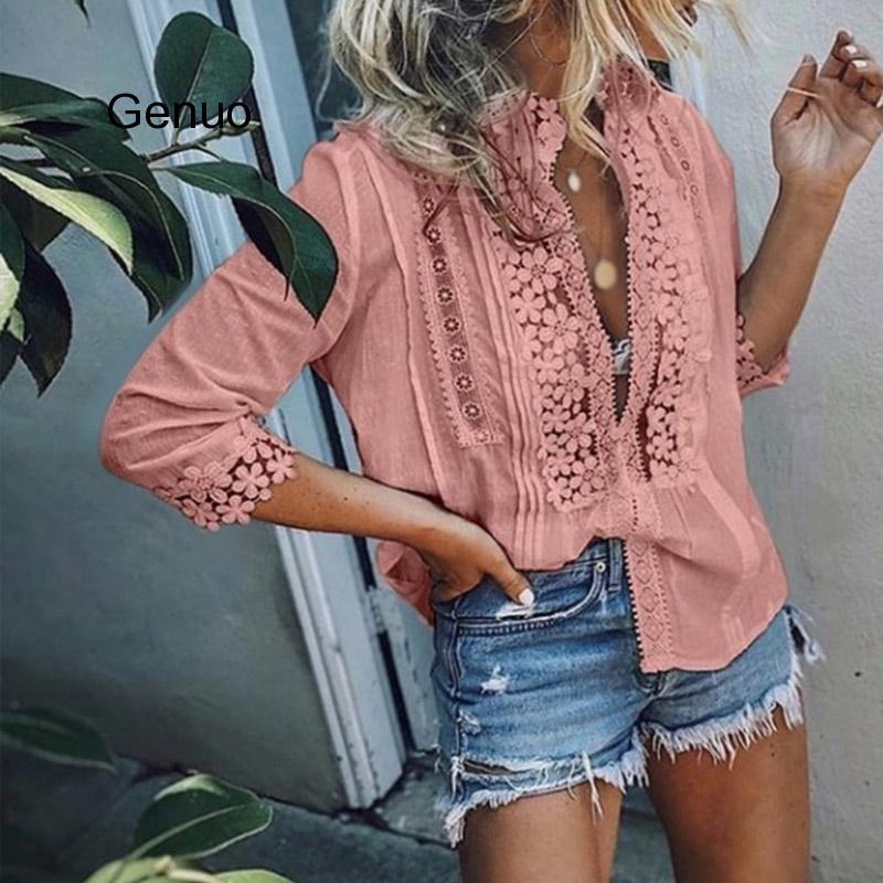 

Women' Lace Ruffled Shirts Plus Size 5XL 3/4 Sleeve Patchwork Office Lady Women Tops And Shirt 2020 Spring Summer Top Female, Gray