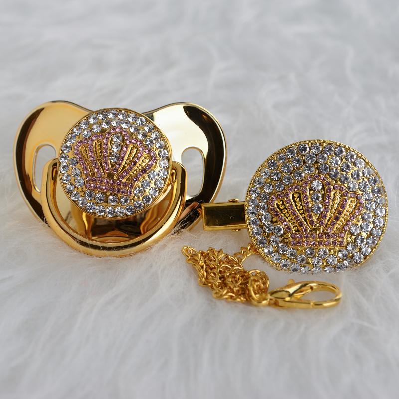 

Pacifiers# MIYOCAR Gold Beautiful Bling Pink Crown Pacifier And Clip Set BPA Free Dummy Unique Design APCB-8