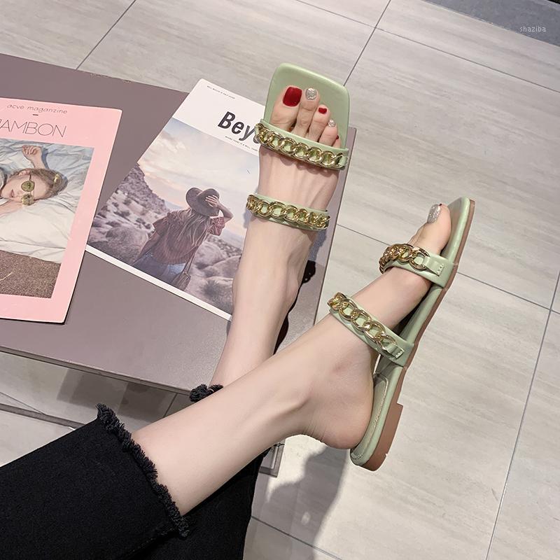 

Slippers female 2020 new summer Korean version of the fashion chain flat bottom non-slip sandals and slippers open toe1, Blue