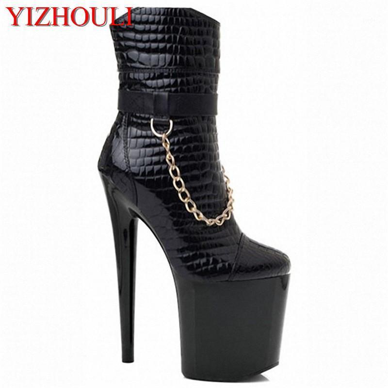 

8 inch women short boots winter punk motorcycle boots 20cm gold chain Platform high heels party shoes dress ankle1, Black