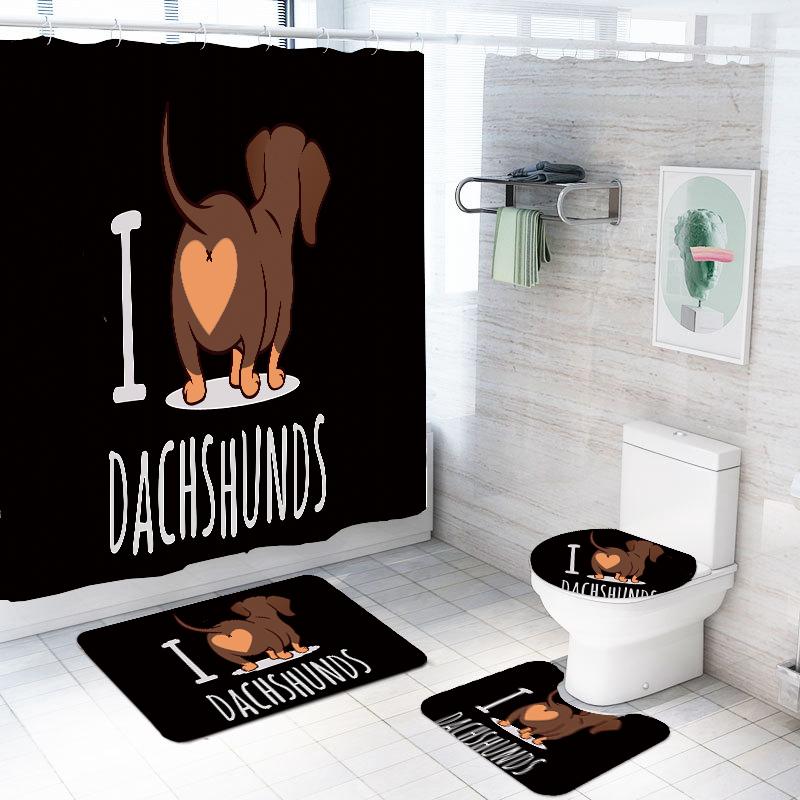 

Cartoon Dachshund Decor Bath Curtain Bathroom Rug Mat Set 4 Piece Cartoon Animals Shower Curtain Toilet Lid Cover Home Bath Rugs