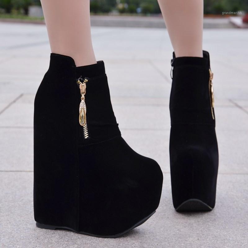 

Muffin Thick Bottom Short Boots 2020 New Increased Within Wedge Boots Fashion Sexy Women 17Cm High-Heel Ankle1, Black pu