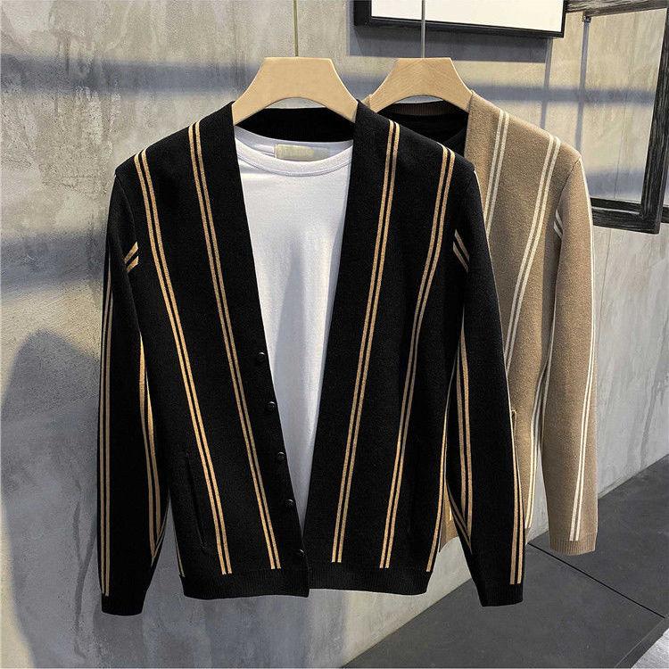 

Men's sweater 2020 stylish handsome England striped cardigan men's slim autumn and winter knitted sweater casual thin coat, Black