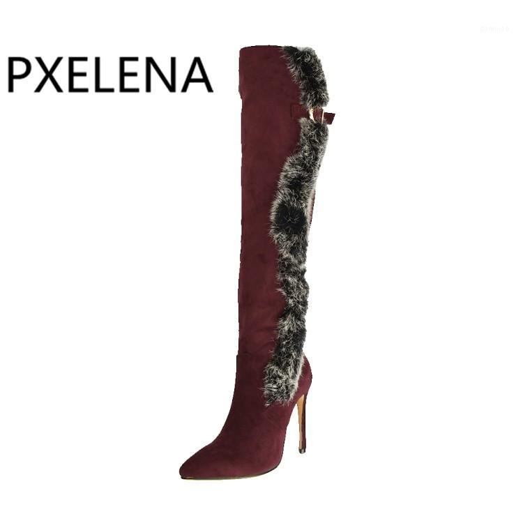 

PXELENA Chic Over The Knee Boots Ladies Shoes Faux Fur Stiletto High Heels Slim Fit Thigh High Boots Women 2020 Autumn Winter1, Apricot