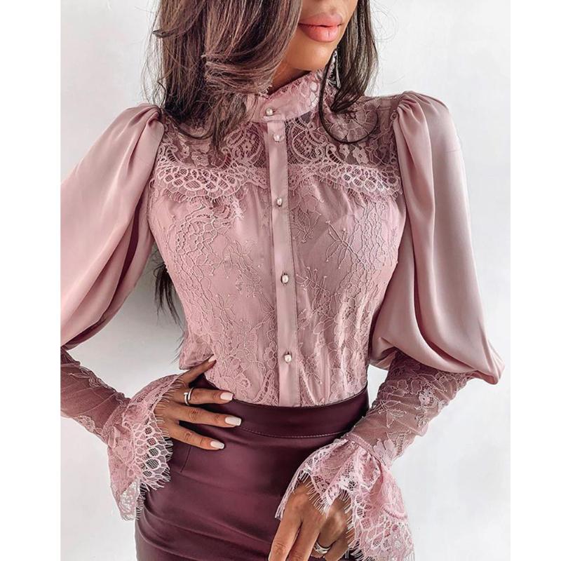 

Elegant Blouse Women Lace Flare Sleeve Buttoned Chic Spring Fall Office Ladies Shirts Chiffon Solid Casual Blouses Tops Female, Black