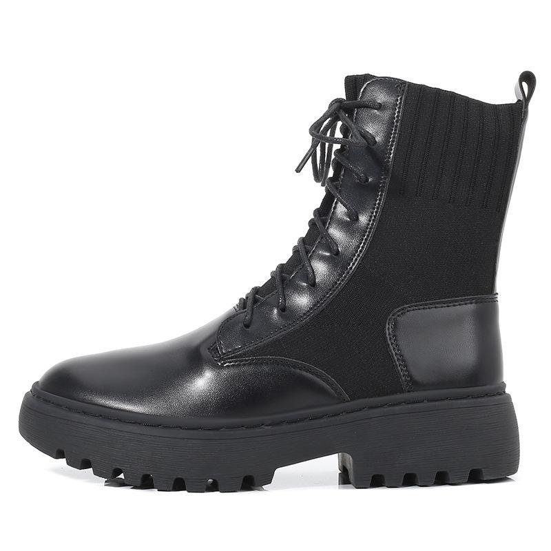 

Fall Winter New Thick Heel Leather Riding Boots Black Flat Platform Round Toe Women Ankle Boots Casual Fashion KnittinG Shoes