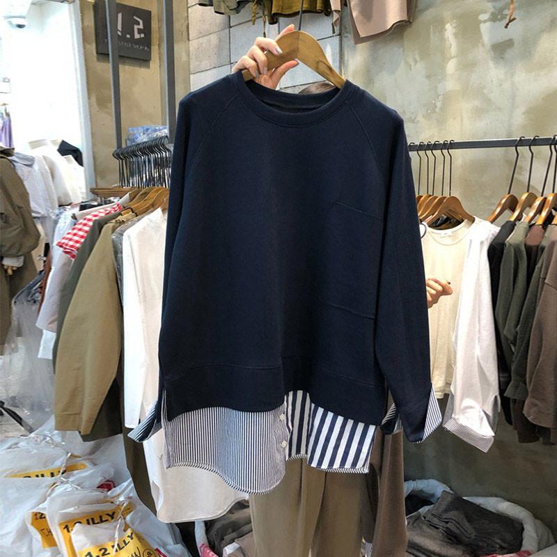 

Women's Spring and Autumn 2020 New Korean Style Fashion Fake Two Loose Stitching Striped Patchwork Sweatshirt Hoodie, White