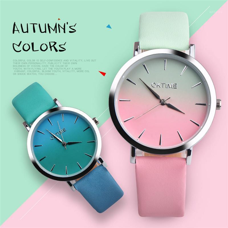 

Wristwatches OKTIME Women's Watches Female Quartz Retro Rainbow Design Casual Leather Band Ladies Bracelet 2021 A41