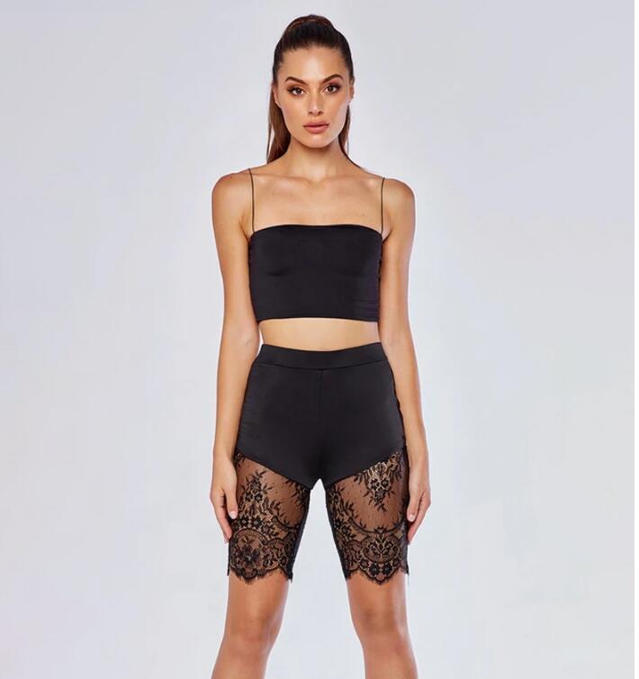 

2020 Sexy Two Piece Set Women Bodycon Matching Sets Crop Tops and Lace Shorts Pant Suits Summer Outfits 2 Pcs Tracksuit MS-62, Black