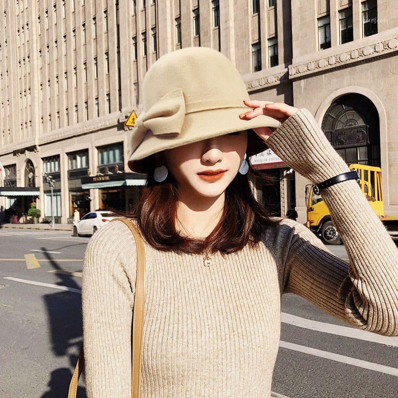 

Big Bow-knot Woolen Ladies Hats Solid Color Women Fedora Hat Winter Fall Pork Pie Boater Flat Top Hat Khaki Black Cap1