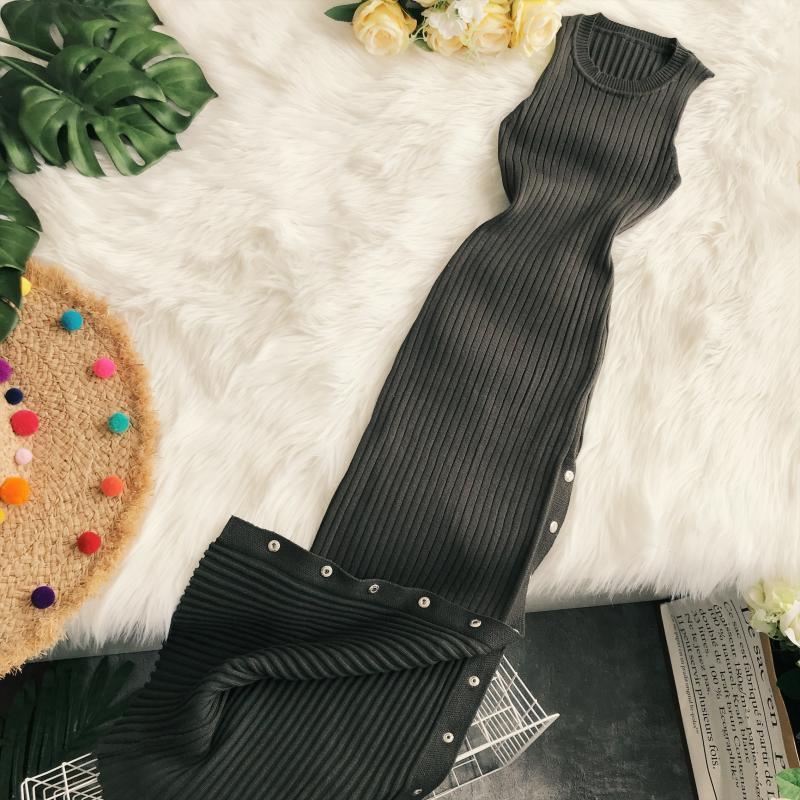 

Gaganight Autumn Winter Women Maxi Dress Knitted Sleeveless Split Elegant Slim Bodycon Dresses Female Solid Straight Striped 201110, Gray