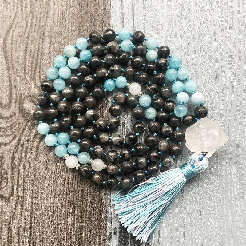 

Black Labradorite & Blue Stone Knotted Mala Necklaces 108 Prayer Raw Q-uartz Healing Stone Mix Color Tassel Necklace