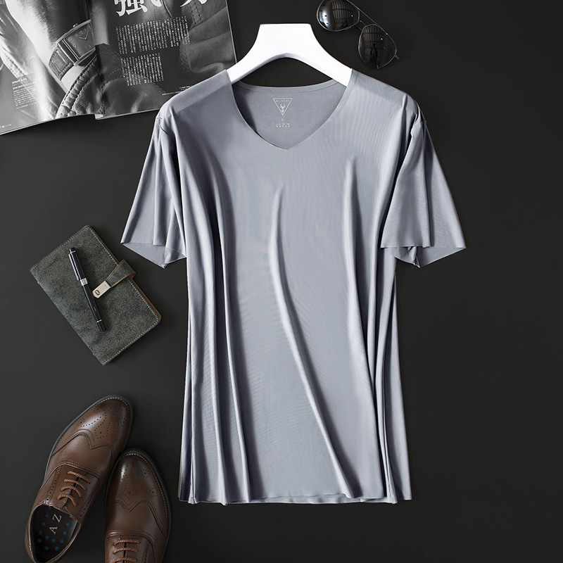 

2020 Men's Thin Short Sleeve Ice Silk Without Summer Solid Color T shirt Trace Slim V-neck Bottoming Fashion Men Clothing, O neck black