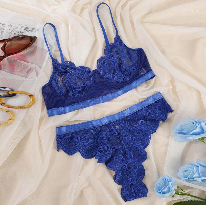 

Fashionable Women's Lace Sexy Lingerie Set Blue Semi-transparent Comfortable Skin-friendly Wireless Bra + Thong S-3XL E1, As photo