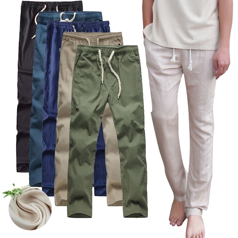 Male Cotton Linen Joggers Black Men's Pants Harajuku Fitness Lace Up Spring Mens Trousers Summer Streetwear Clothes beach 201110Z