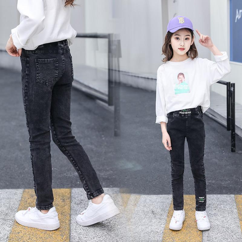 

4-15Y Teenage Children Girls Jeans Fashion Embroidery Letter 2021 Spring Fall Elastic Waist Pants Kids Skinny Trousers Clothes, Black