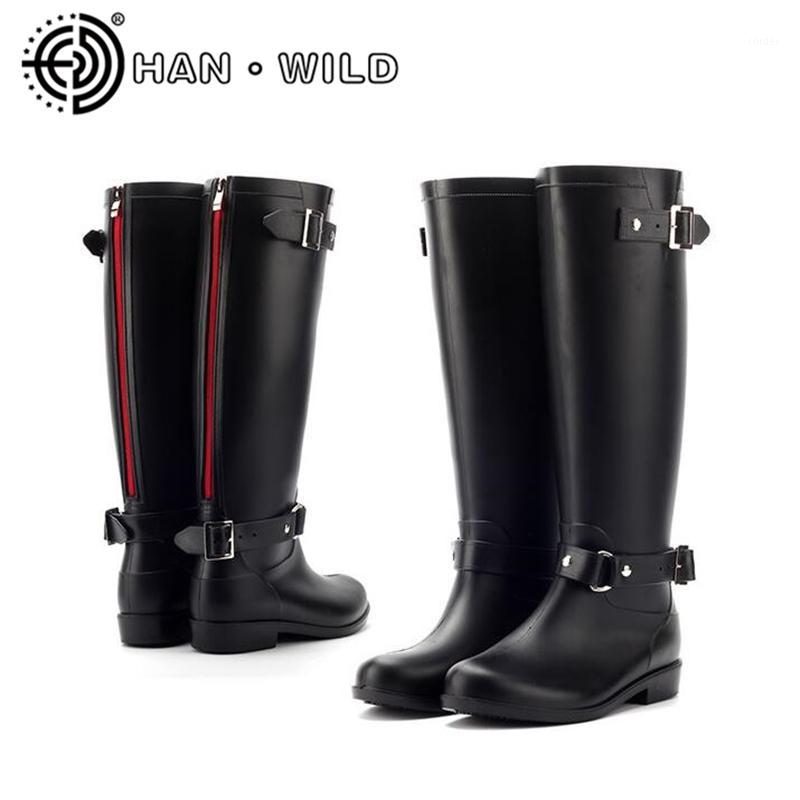 

Punk Style Red Zipper Rain Boots Outdoor Rubber Water Shoes For Women Female Knee-High Motorcycle Boots Plus Size 36-411, Black