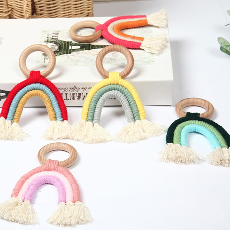 

Wholesale Food Grade Baby Teething Wooden Ring Rainbow Tassel Macrame Cotton Nursing Teether Molar Sensory Toy Kids Bpa Free