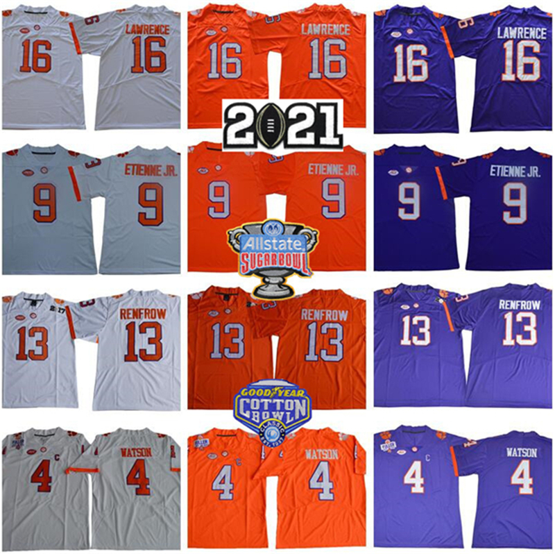 

2021 Sugar Bowl Clemson Tigers Trevor Lawrence Jersey 16 NCAA Deshaun Watson 9 Travis Etienne Jr Hunter Renfrow Amari Rodgers Orange Purple