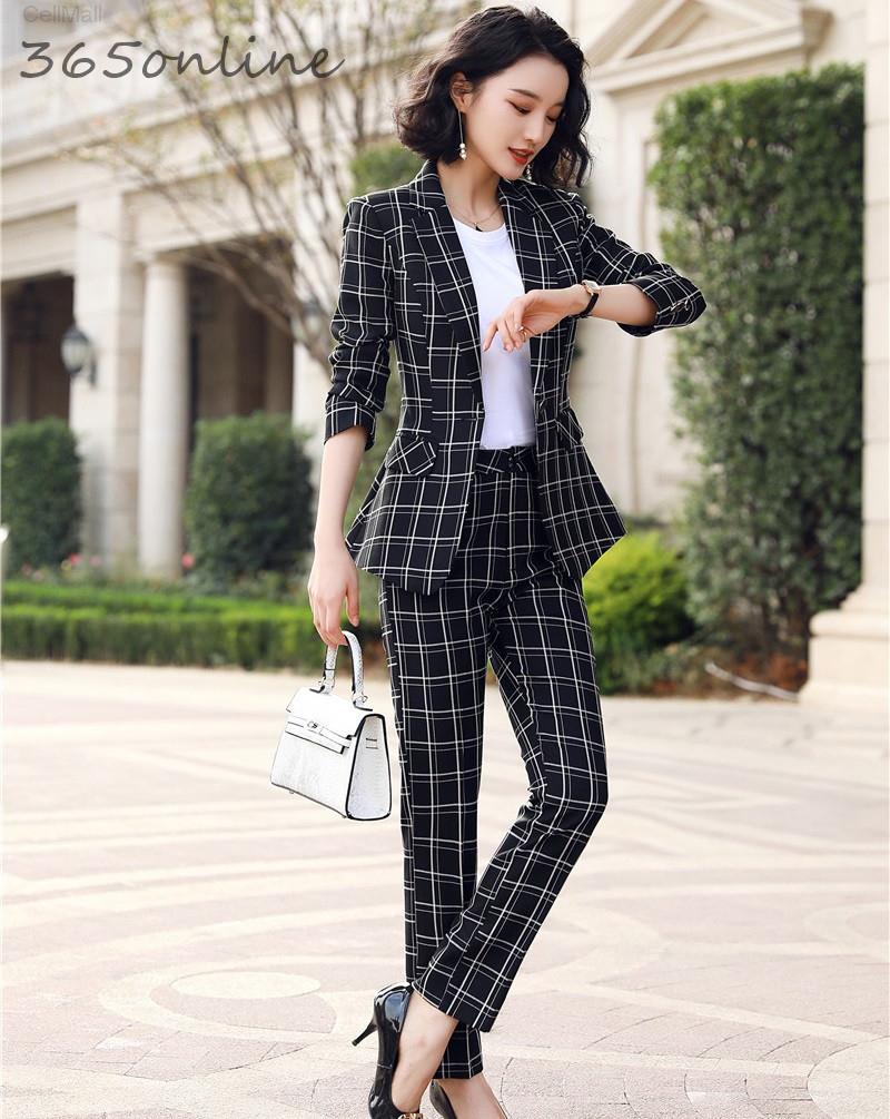 

2020 Spring Autumn Fashion Plaid Formal Styles Women Business Suits with 2 Piece Set Pants and Jackets Coat Ladies Blazers
