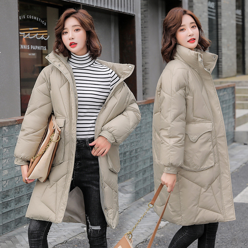 

2021 New Women's Winter New Korean Bread Suit Mid-length Long Sleeves with Hood Quilted Solid Jacket 8m 8ial, Green.