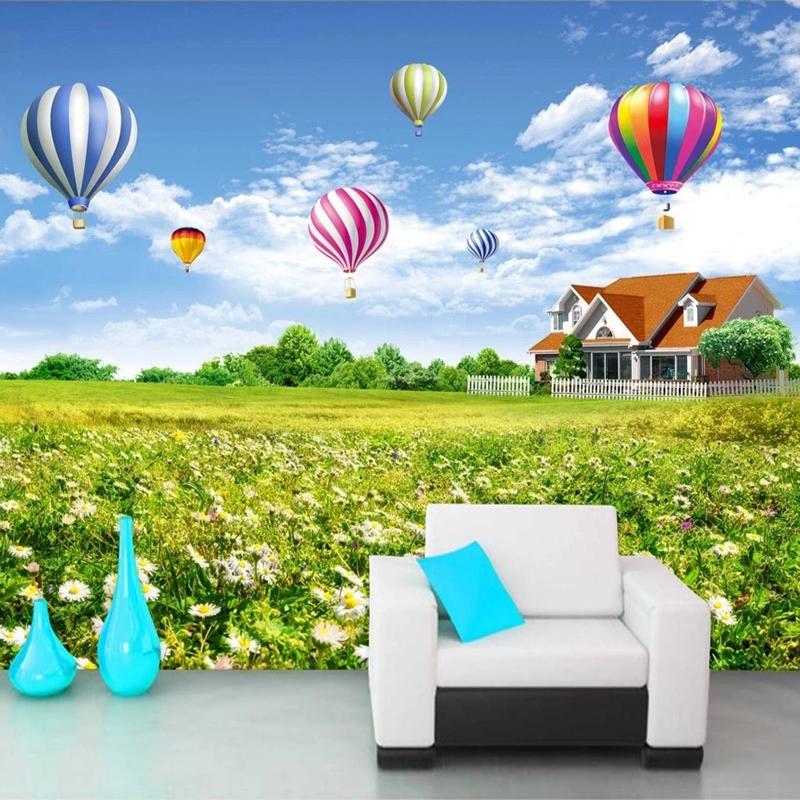 

Custom Wall Mural Blue Sky White Clouds Hot Air Balloon Flowers Sea 3D Living Room Children Room Decoration Painting Wallpaper, As pic