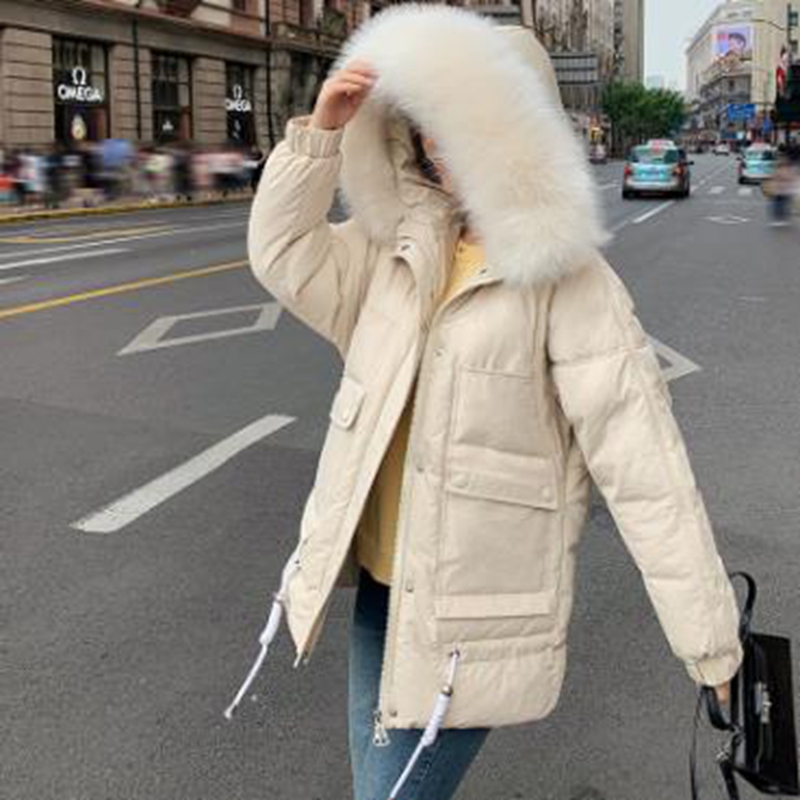 

Wholesale fashion women's mid-length large pockets loose casual big fur collar student wear youth padded jacket, Blue