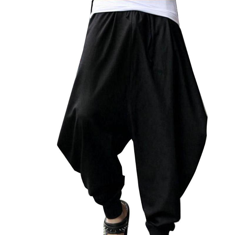 

Hot Sale Men Plain Casual Tracksuit Sports Pants Hiphop Men Ankle Tied Drop Crotch Cotton Trousers Loose Drawstring Long Pants, Black