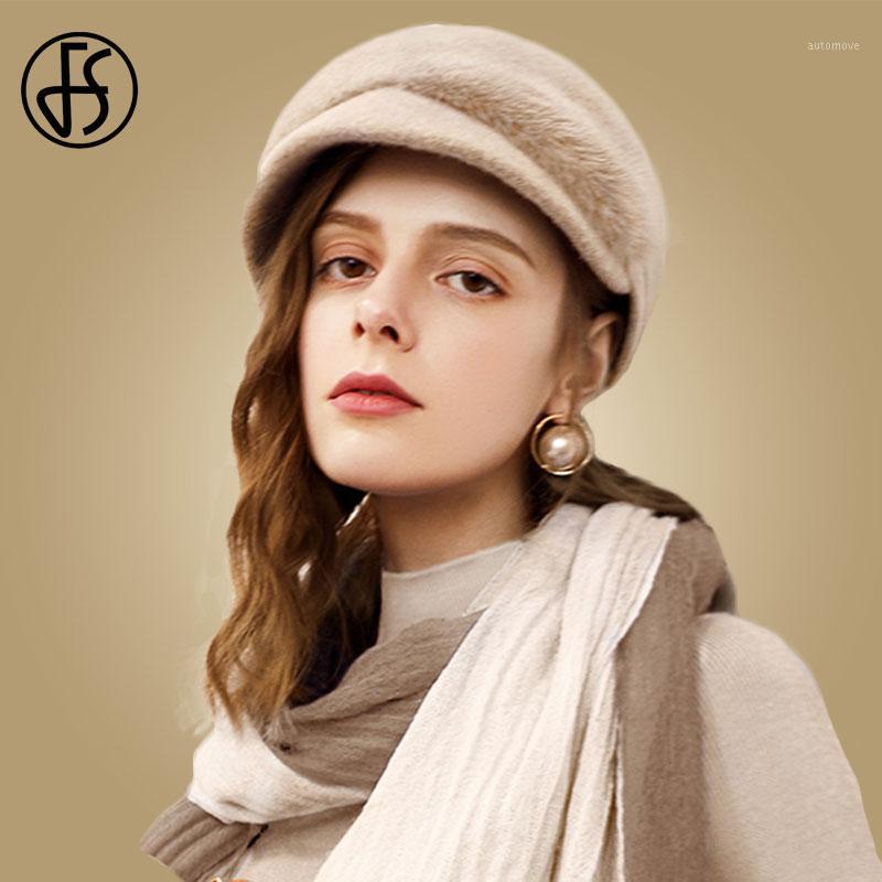 

FS 2021 New Winter Wool Beret Women French Hat With Fur Black Blue Ladies Newsboy Cap Fedora Hats Tweed Gatsby Berets1