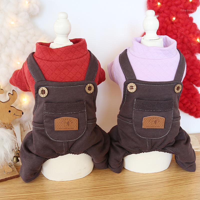 

2020 Leather Tag Decor Dog Jumpsuits with Pocket Four-legged Warm Cotton Padded Pet Clothing Thick Quilted Cotton Cloth Overalls1, Red