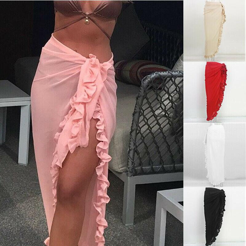 

Skirts Fashion Casual Solid Womens Swim Wear Bikini Cover Up Sheer Beach Midi Wrap Skirt Sarong Pareo Sexy Clubwear, Beige