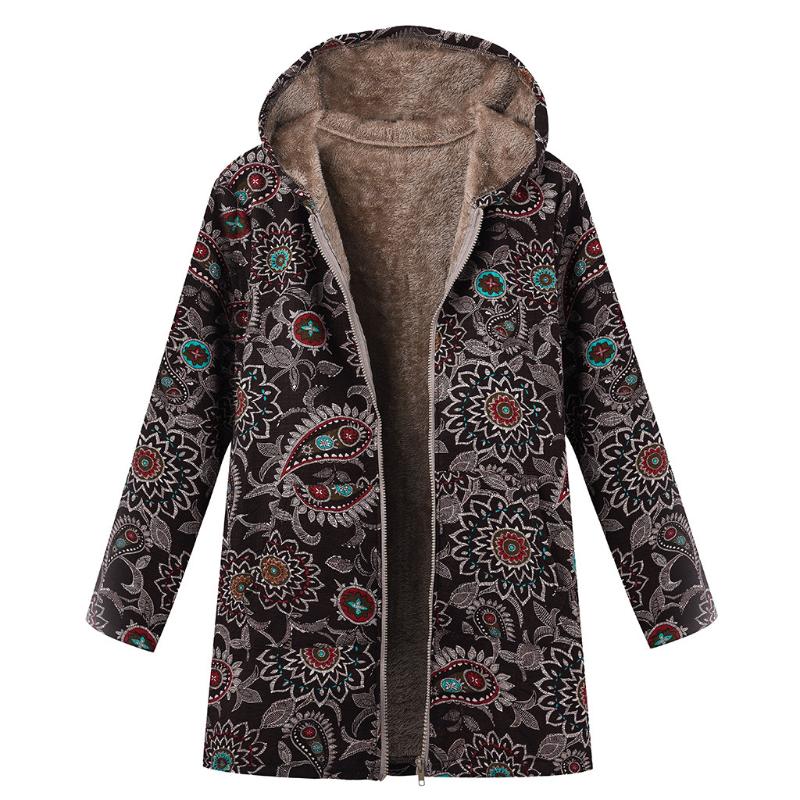 

Women Vintage Cotton Linen Coat Jacket Winter Zipper Ethnic Print Hooded Fleece Long Sleeve Coat Female Plus Size Outwear 5XL, Bk