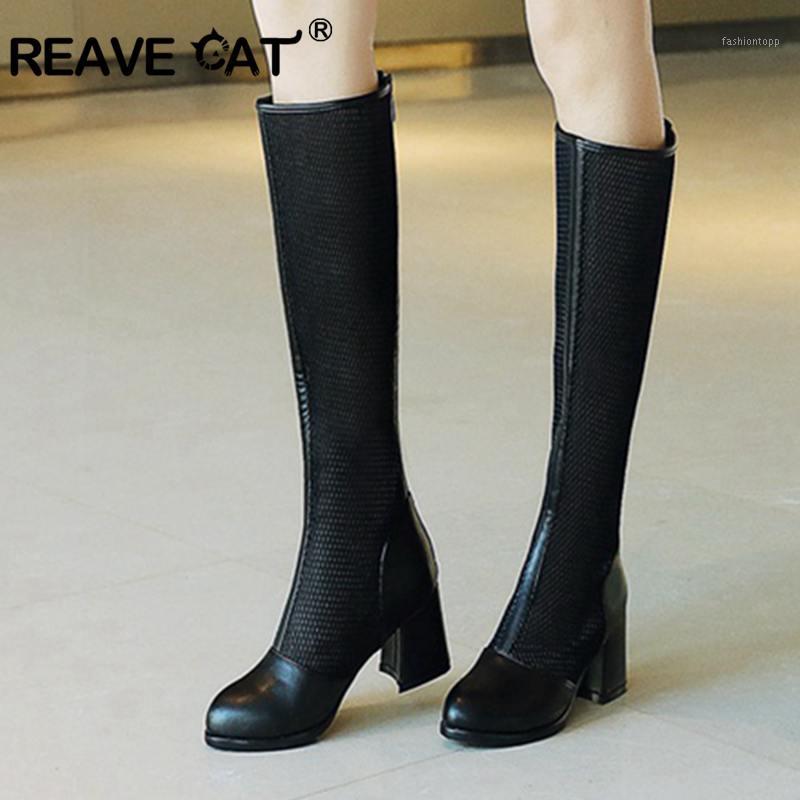 

REAVE CAT Size 33-43 Women Knee High Boots Square heel Zipper Sexy Lace Mesh Boots Summer Cool shoes Breathable Women botas 16861, Black