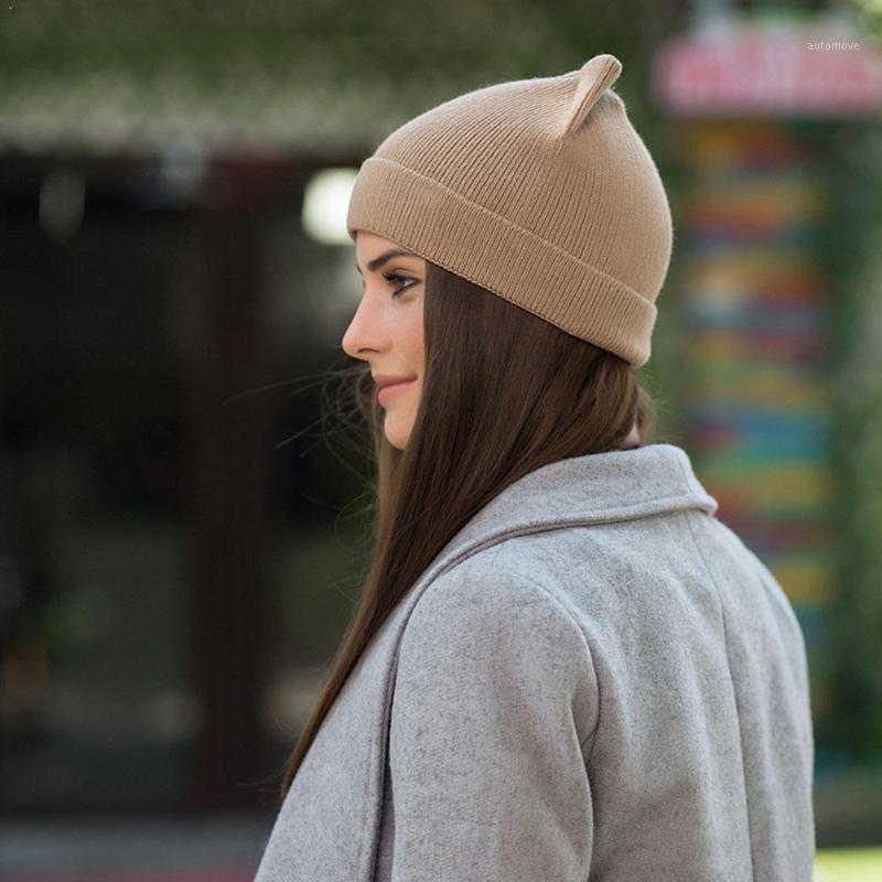 

Cat Ear Knit Pullover Cap Beanies Women Solid Color Warm Winter Cute Girls Earmuffs Skullies Knitted Beanies Hat Simple B1K71