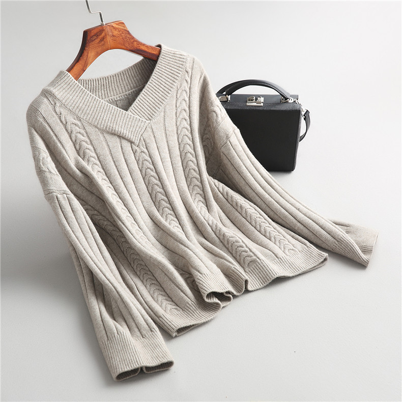 

2021 New Autumn V-neck Long Sleeve Warm Sweater Pure Color Winter Casual Women Pullovers Pull Femme Tlsj, White